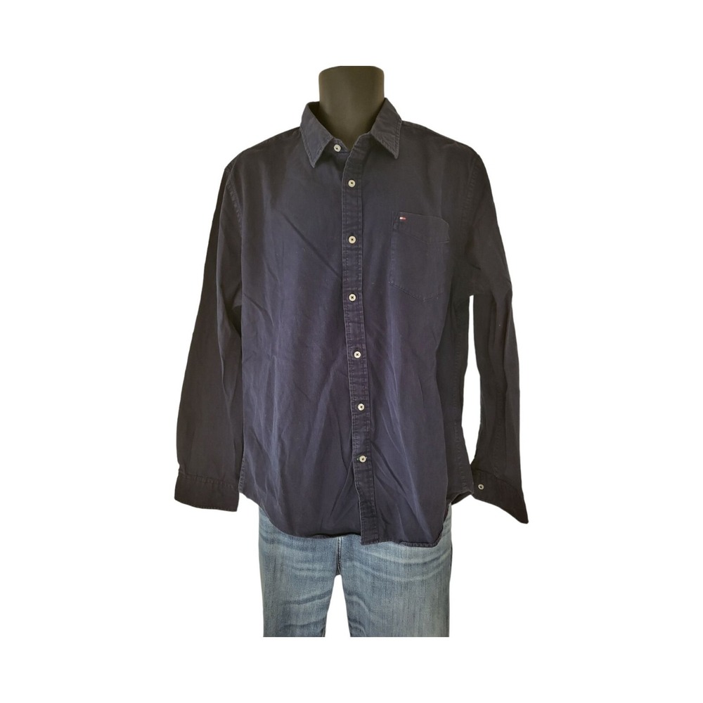 Tommy Hilfiger 80s 2-Ply Corduroy Shirt Mens L Navy Blue Button Up Long Sleeve